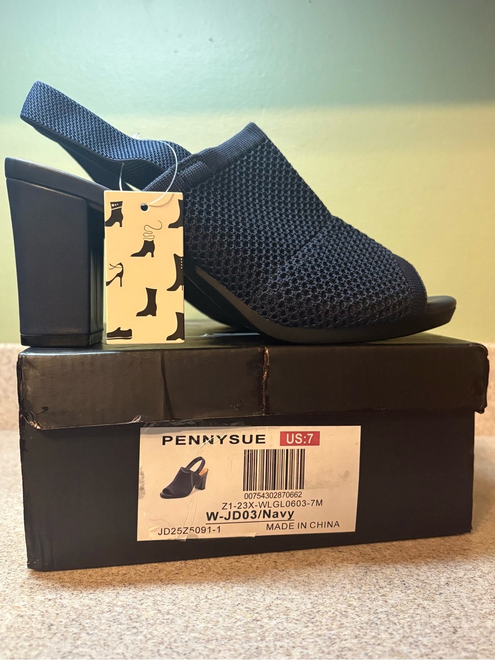 Pennysue Navy Knit Slingback Block Heel Sandals - New in Box w/Dust Bags 7